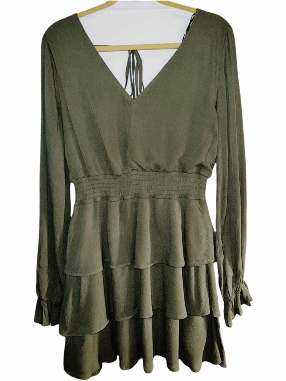 Altar’s State Tiered Ruffle Dress Long Sleeves Olive Green V-Neck Size Medium - Picture 3 of 12